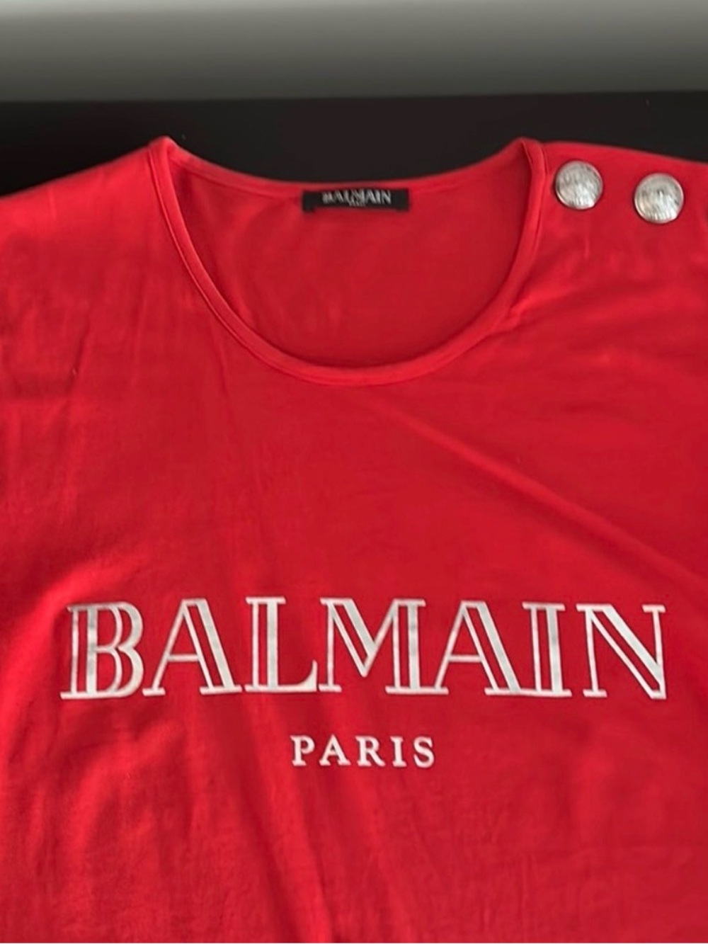Balmain Red Short-Sleeve Logo Tee with Silver Buttons - Picture 2 of 5